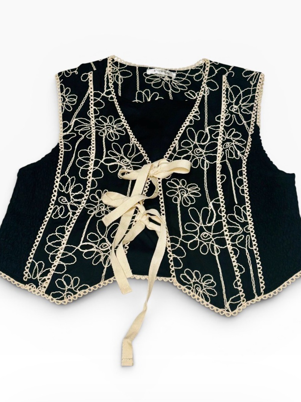 Forte Black Lace-Up Embroidered Tank with Cream Trim